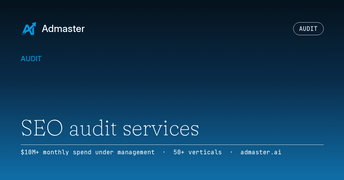 Cover card for SEO audit services, set in the Admaster brand gradient.