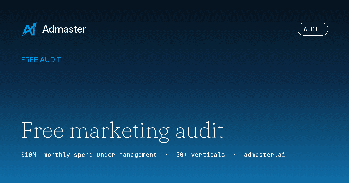 Cover card for Free marketing audit, set in the Admaster brand gradient.